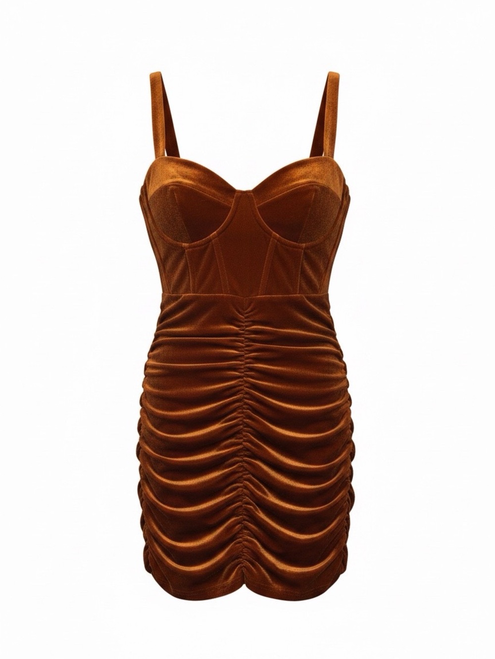 Velvet Ruched Mini Dress with Sculpted Bust in Rust